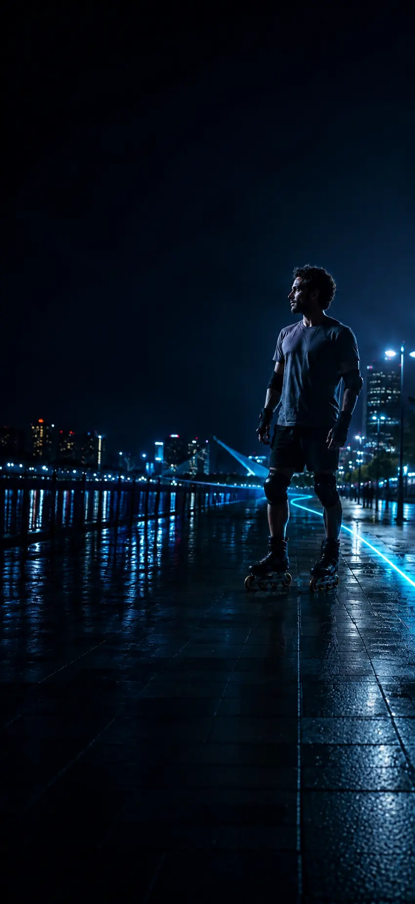 Patinador urbano frente a la ciudad de noche