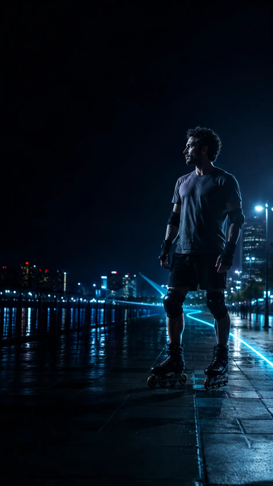Patinador urbano frente a la ciudad de noche